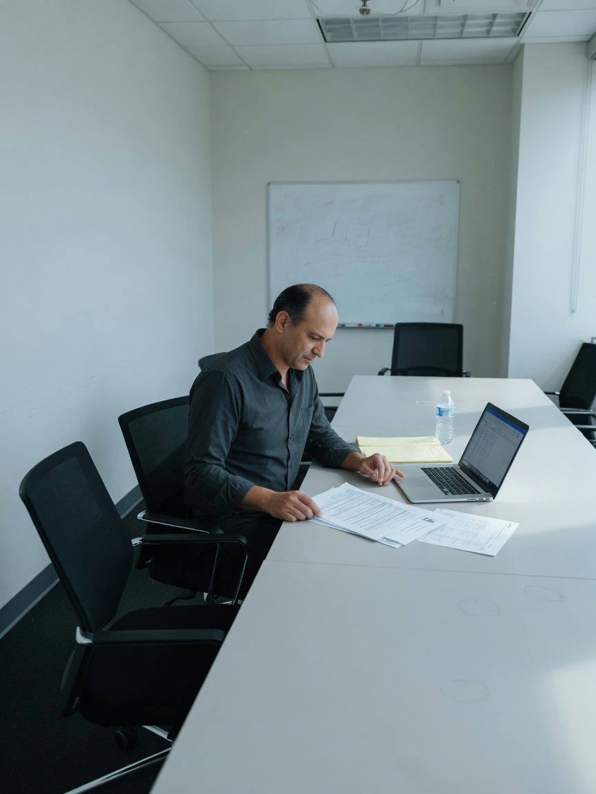 Finance lead reviewing a thin stack of papers