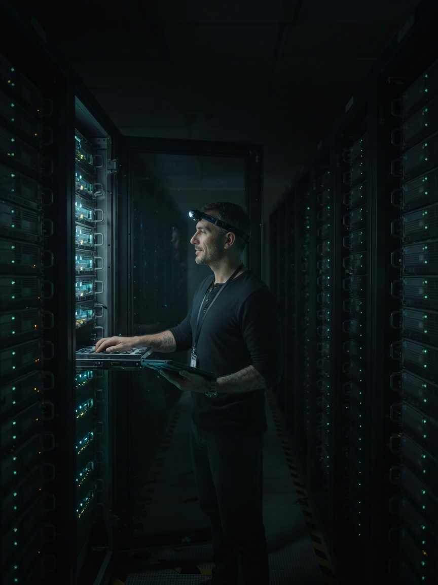 Reliability engineer in a half-dark data-center aisle